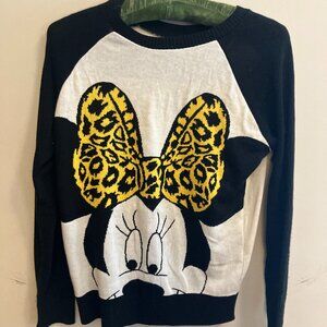 Disney Minnie Mouse Sweater Yellow Polka Dot Bow Size M